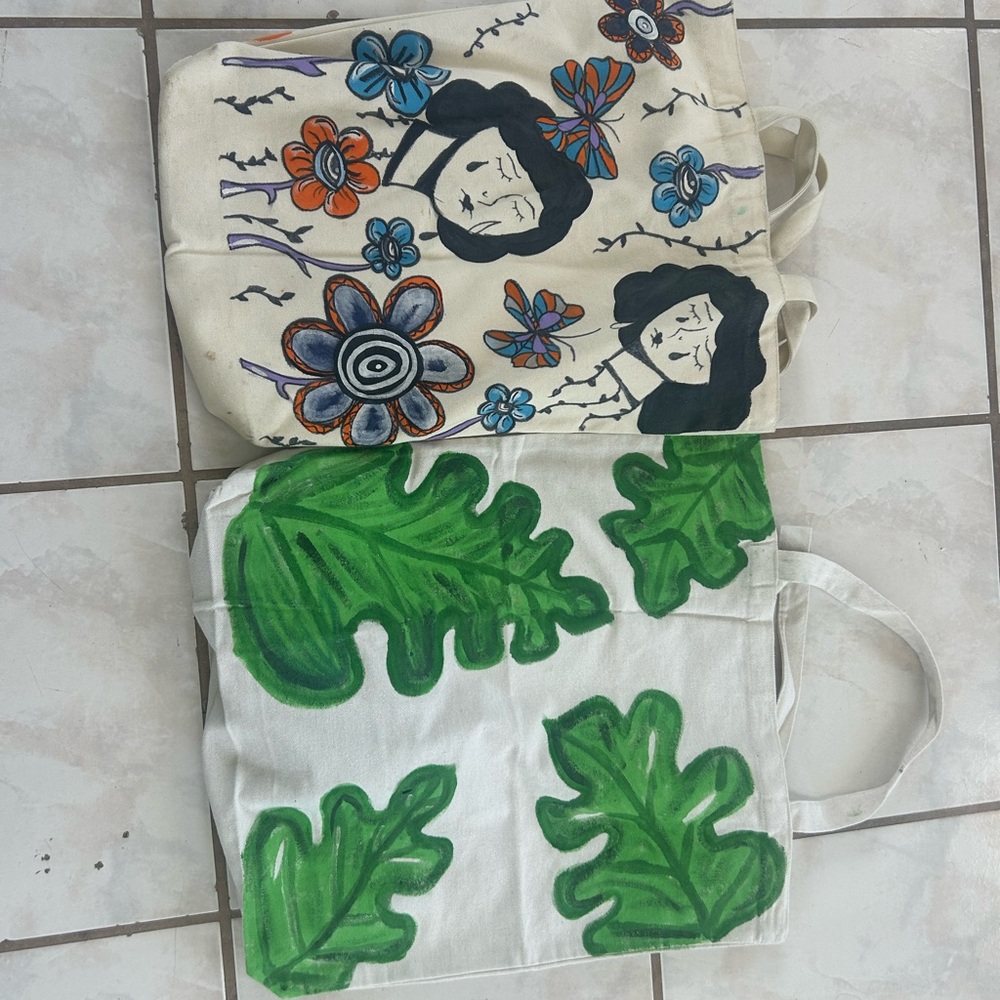 Canvas Tote Bag with Green Leaf Print